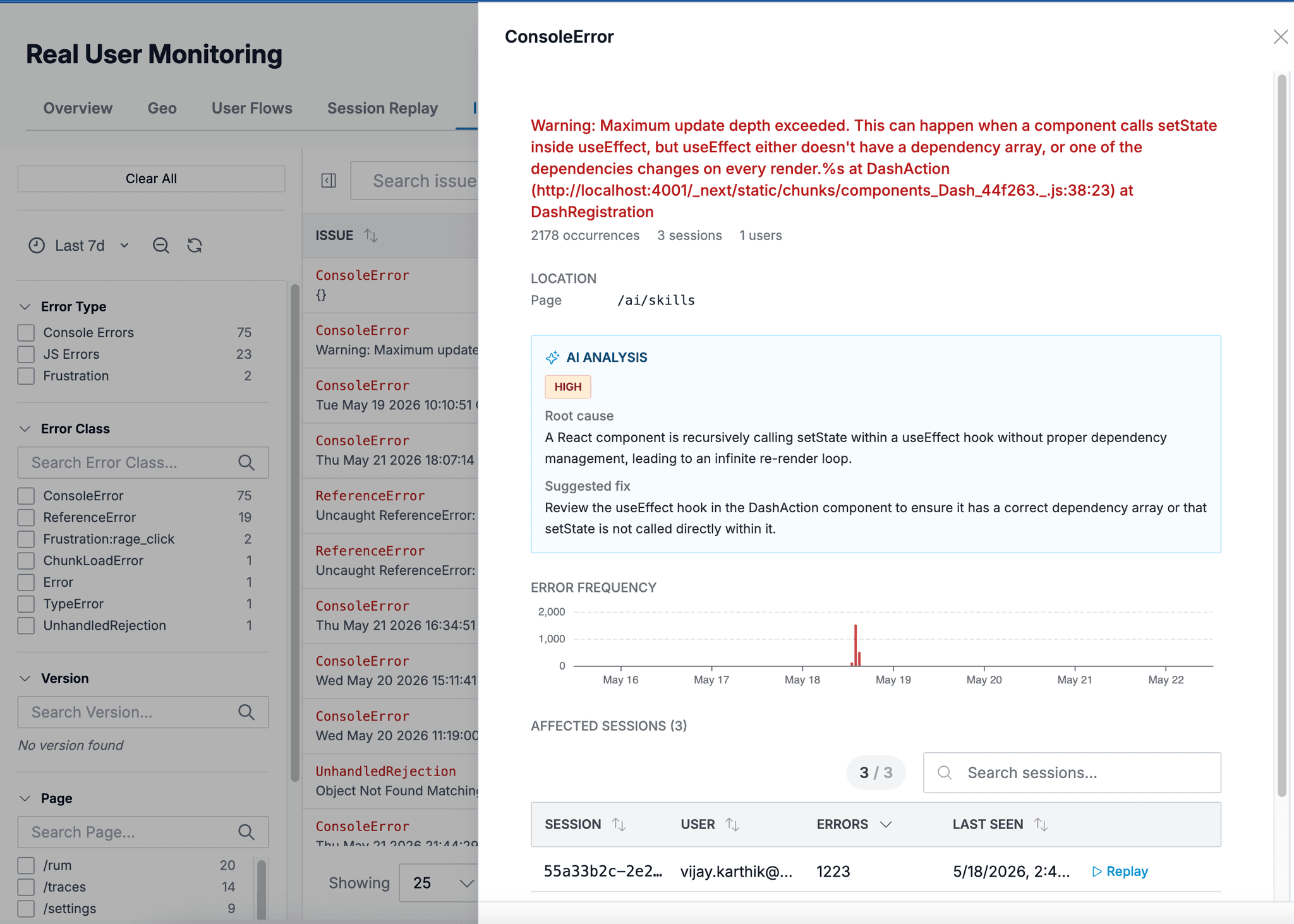 RUM Issues with AI-powered root cause analysis and affected sessions